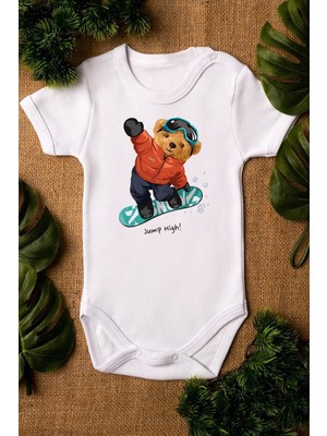 Overoz Organik %100 Pamuk Teddy Bear Snowboard Baskılı Bebek Body Kısa Kollu Badi Çıtçıtlı Zıbın 5284