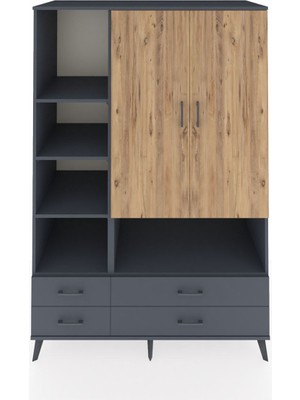 Dienni Kronos Dolap 8 Raflı 4 Çekmeceli 2 Kapaklı 132X59X195 Antrasit-Çam/antrasit