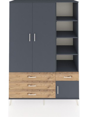 Dienni Hyperion Dolap 5 Raflı 4 Çekmeceli Tek Askılı 132X44X195 Antrasit-Antrasit/çam