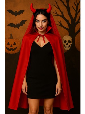 Toyfest Kadın Şeytan Kostüm Seti (Kırmızı Yakalı Pelerin + Dantelli Boynuzlu Taç) – Cadılar Bayramı Kostümü