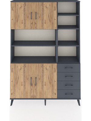 Dienni Arges Dolap 9 Raflı 4 Çekmeceli 4 Kapaklı 132X30X195 Antrasit-Çam/antrasit
