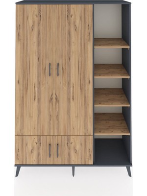 Dienni Hyperion Dolap 6 Raflı 4 Kapaklı Tek Askılı 132X44X195 Antrasit-Çam/çam