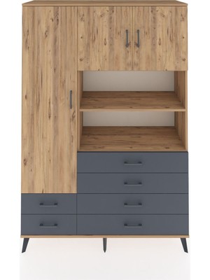 Dienni Hyperion Dolap 8 Raflı 6 Çekmeceli 3 Kapaklı 132X44X195 Çam-Çam/antrasit