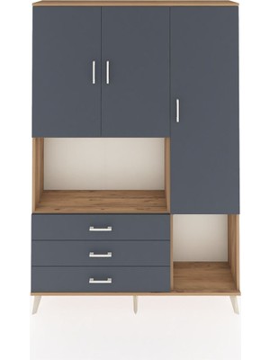 Dienni Arges Dolap 6 Raflı 3 Çekmeceli 3 Kapaklı 132X30X195 Çam-Antrasit/antrasit