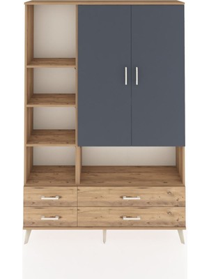 Dienni Arges Dolap 8 Raflı 4 Çekmeceli 2 Kapaklı 132X30X195 Çam-Antrasit/çam