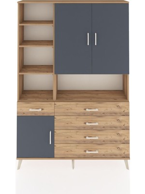 Dienni Arges Dolap 8 Raflı 5 Çekmeceli 3 Kapaklı 132X30X195 Çam-Antrasit/çam