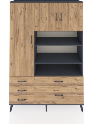 Dienni Hyperion Dolap 9 Raflı 5 Çekmeceli 3 Kapaklı 132X44X195 Antrasit-Çam/çam