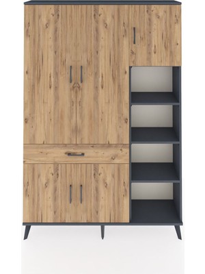 Dienni Arges Dolap 10 Raflı Tek Çekmeceli 5 Kapaklı 132X30X195 Antrasit-Çam/çam