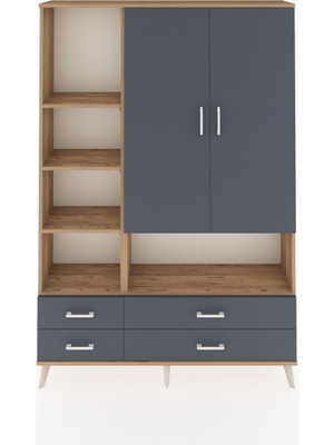 Dienni Arges Dolap 8 Raflı 4 Çekmeceli 2 Kapaklı 132X30X195 Çam-Antrasit/antrasit