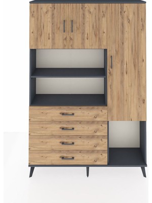 Dienni Arges Dolap 8 Raflı 4 Çekmeceli 3 Kapaklı 132X30X195 Antrasit-Çam/çam
