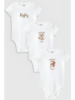 Overoz Organik %100 Pamuk Özel Tasarım Koala Sincap Bebek 3'lü Body Set Çıtçıtlı Zıbın Tulum 5875-5876-5877
