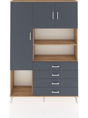 Dienni Arges Dolap 7 Raflı 4 Çekmeceli 3 Kapaklı 132X30X195 Çam-Antrasit/antrasit