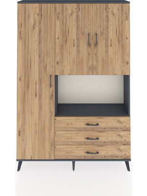 Dienni Arges Dolap 6 Raflı 3 Çekmeceli 3 Kapaklı 132X30X195 Antrasit-Çam/çam
