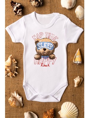 Overoz Organik %100 Pamuk Teddy Bear Sleep Nap Time Baskılı Bebek Body Kısa Kollu Badi Çıtçıtlı Zıbın 5295