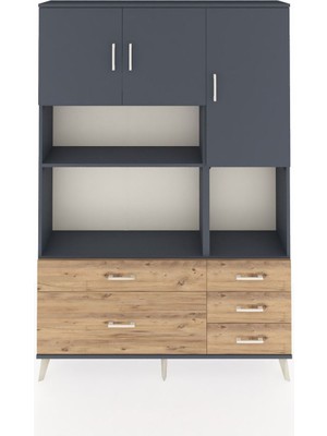 Dienni Arges Dolap 8 Raflı 5 Çekmeceli 3 Kapaklı 132X30X195 Antrasit-Antrasit/çam