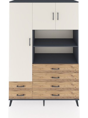 Dienni Hyperion Dolap 8 Raflı 6 Çekmeceli 3 Kapaklı 132X44X195 Antrasit-Aytaşı/çam