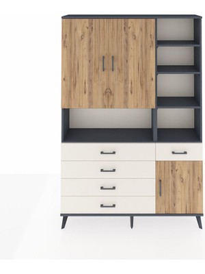 Dienni Arges Dolap 8 Raflı 5 Çekmeceli 3 Kapaklı 132X30X195 Antrasit-Çam/aytaşı