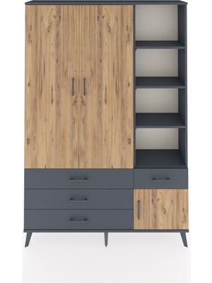 Dienni Arges Dolap 5 Raflı 4 Çekmeceli Tek Askılı 132X30X195 Antrasit-Çam/antrasit