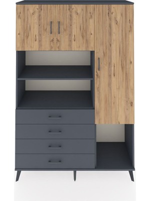 Dienni Hyperion Dolap 8 Raflı 4 Çekmeceli 3 Kapaklı 132X44X195 Antrasit-Çam/antrasit