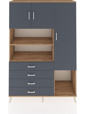 Dienni Hyperion Dolap 8 Raflı 4 Çekmeceli 3 Kapaklı 132X44X195 Çam-Antrasit/antrasit