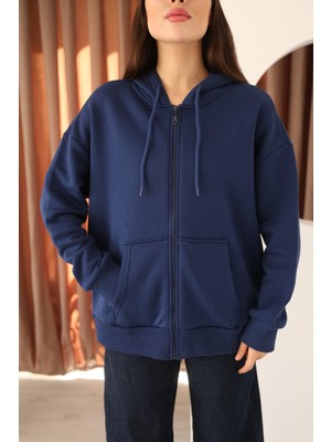 Moviment Lacivert Oversize Içi Polar ve Fermuar Detaylı Kapüşonlu Kadın Sweatshirt
