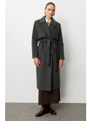 Mizalle Yünlü Kaşe Dokulu Antrasit Uzun Trençkot Kaban