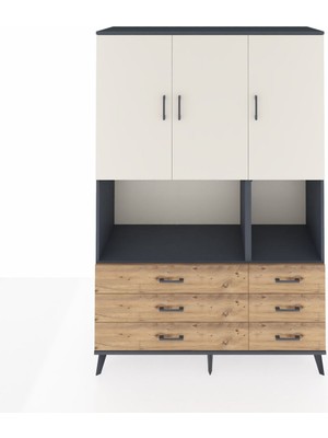 Dienni Hyperion Dolap 6 Raflı 6 Çekmeceli 3 Kapaklı 132X44X195 Antrasit-Aytaşı/çam