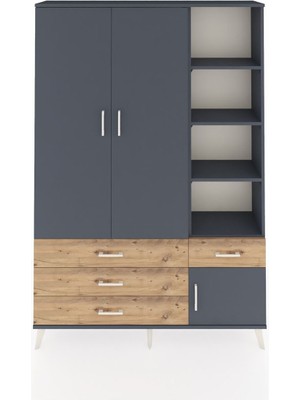 Dienni Arges Dolap 5 Raflı 4 Çekmeceli Tek Askılı 132X30X195 Antrasit-Antrasit/çam