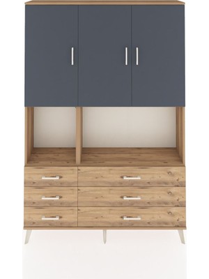 Dienni Arges Dolap 6 Raflı 6 Çekmeceli 3 Kapaklı 132X30X195 Çam-Antrasit/çam