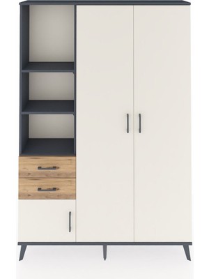 Dienni Arges Dolap 5 Raflı 2 Çekmeceli Tek Askılı 132X30X195 Antrasit-Aytaşı/çam