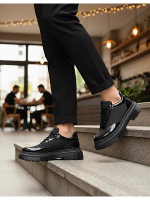 Ebrus Trend ET0243 Bağcıklı Rugan Paraşüt Detaylı Yüksek Siyah Taban Erkek Ayakkabı