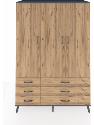 Dienni Kronos Dolap 5 Raflı 6 Çekmeceli Tek Askılı 132X59X195 Antrasit-Çam/çam
