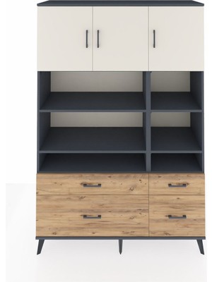Dienni Hyperion Dolap 10 Raflı 4 Çekmeceli 3 Kapaklı 132X44X195 Antrasit-Aytaşı/çam