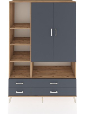 Dienni Hyperion Dolap 8 Raflı 4 Çekmeceli 2 Kapaklı 132X44X195 Çam-Antrasit/antrasit