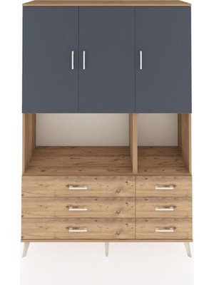 Dienni Hyperion Dolap 6 Raflı 6 Çekmeceli 3 Kapaklı 132X44X195 Çam-Antrasit/çam