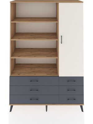 Dienni Hyperion Dolap 8 Raflı 6 Çekmeceli Tek Kapaklı  132X44X195 Çam-Aytaşı/antrasit