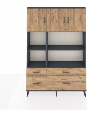 Dienni Arges Dolap 8 Raflı 4 Çekmeceli 3 Kapaklı 132X30X195 Antrasit-Çam/çam