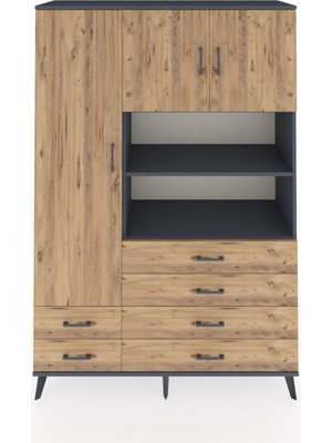 Dienni Hyperion Dolap 8 Raflı 6 Çekmeceli 3 Kapaklı 132X44X195 Antrasit-Çam/çam