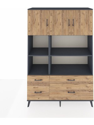 Dienni Hyperion Dolap 8 Raflı 4 Çekmeceli 3 Kapaklı 132X44X195 Antrasit-Çam/çam
