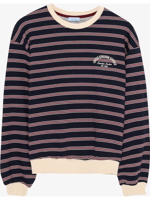 Quzu Çizgili Renk Bloklu Oversize Sweatshirt Lacivert