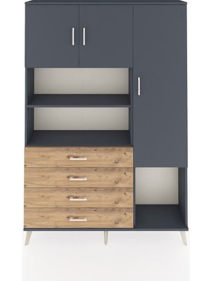 Dienni Arges Dolap 8 Raflı 4 Çekmeceli 3 Kapaklı 132X30X195 Antrasit-Antrasit/çam