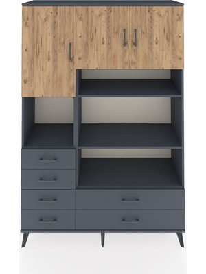 Dienni Hyperion Dolap 9 Raflı 6 Çekmeceli 3 Kapaklı 132X44X195 Antrasit-Çam/antrasit