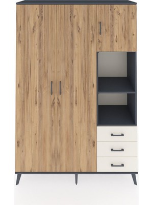Dienni Hyperion Dolap 5 Raflı 3 Çekmeceli Tek Askılı 132X44X195 Antrasit-Çam/aytaşı