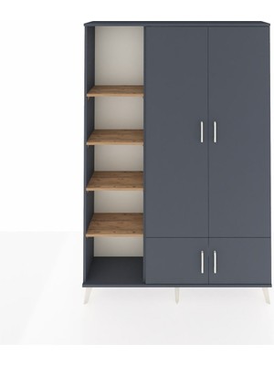 Dienni Arges Dolap 6 Raflı 4 Kapaklı Tek Askılı 132X30X195 Antrasit-Antrasit/çam