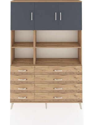 Dienni Arges Dolap 8 Raflı 8 Çekmeceli 3 Kapaklı 132X30X195 Çam-Antrasit/çam