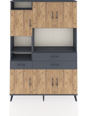Dienni Arges Dolap 9 Raflı 3 Çekmeceli 6 Kapaklı 132X30X195 Antrasit-Çam/antrasit