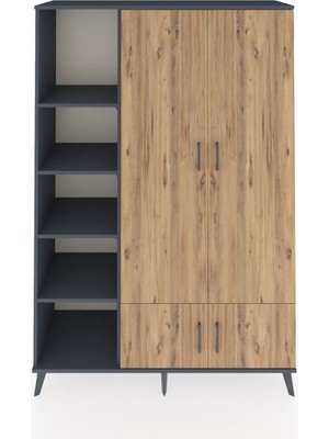 Dienni Hyperion Dolap 6 Raflı 4 Kapaklı Tek Askılı 132X44X195 Antrasit-Çam/antrasit
