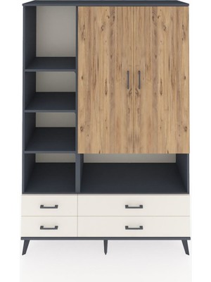 Dienni Hyperion Dolap 8 Raflı 4 Çekmeceli 2 Kapaklı 132X44X195 Antrasit-Çam/aytaşı