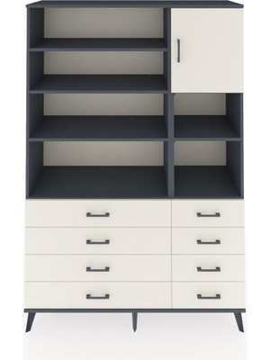 Dienni Hyperion Dolap 8 Raflı 8 Çekmeceli Tek Kapaklı  132X44X195 Antrasit-Aytaşı/aytaşı
