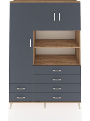 Dienni Hyperion Dolap 8 Raflı 6 Çekmeceli 3 Kapaklı 132X44X195 Çam-Antrasit/antrasit